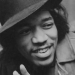 Jimi Hendrix smiling. black and white photo