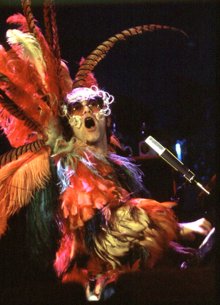 Elton John in concert as a bird... rooster... something