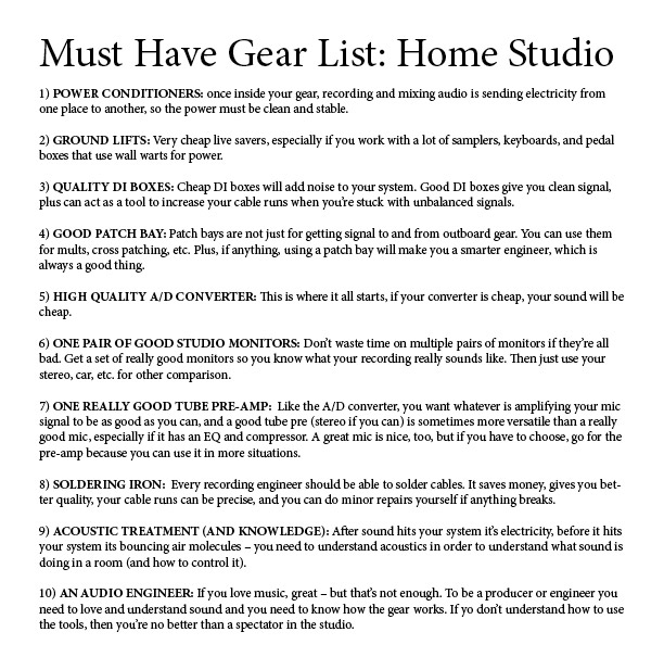 home studio must have gear list