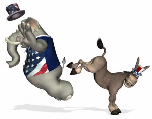 democrats kick republicans. donkey kick elephant
