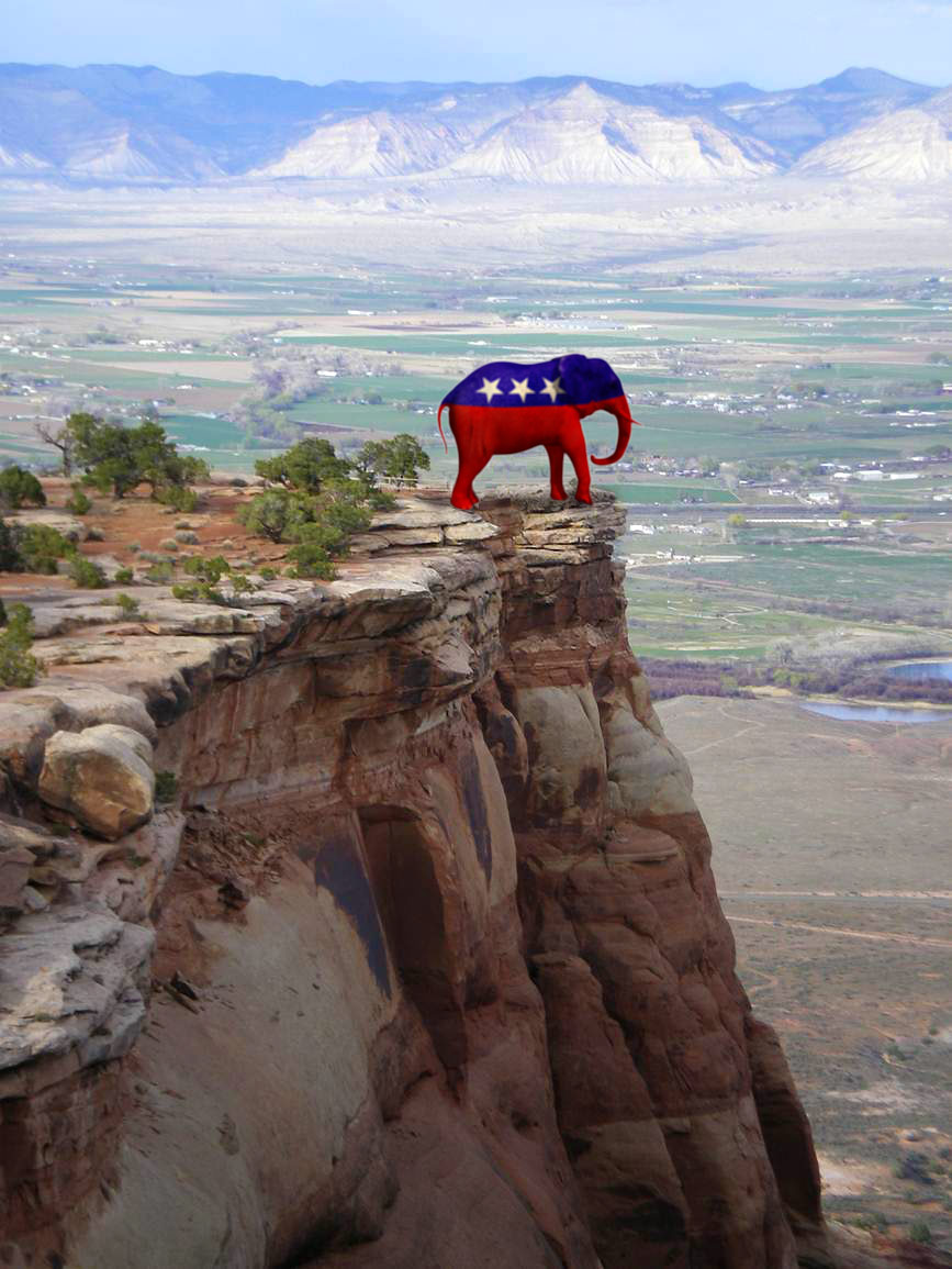 Republican elephant standing on a cliff