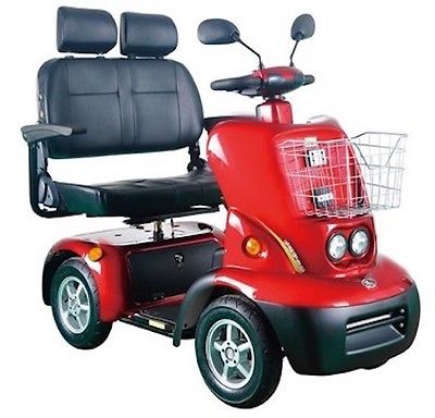Red mobility scooter, two person seat
