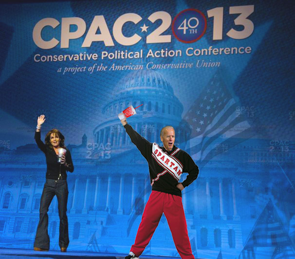 Sarah Palin at CPAC 2013. Joe Biden cheering along.