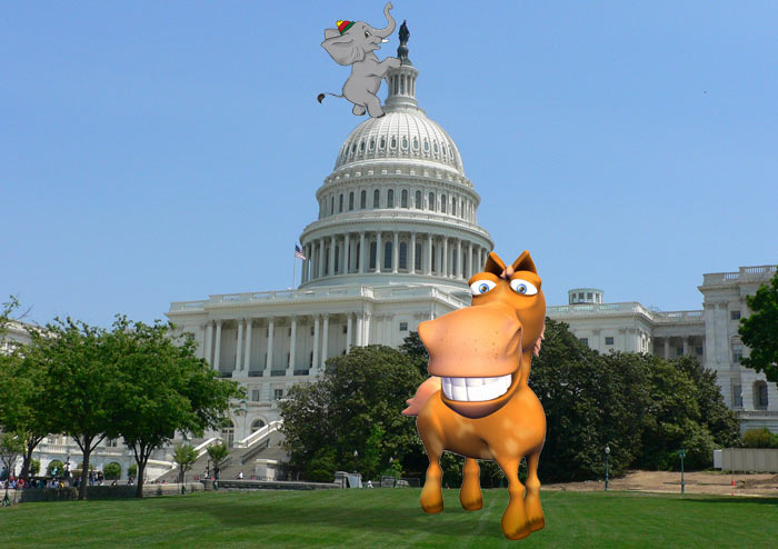 Donkey on Capitol Hill (elephant attacking)