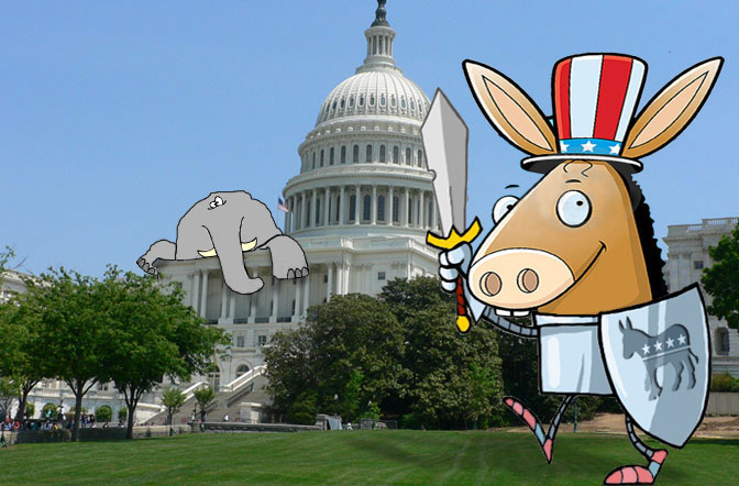 Democratic donkey at the capitol with elephant on the roof