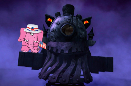 Scary republican train nightmare with pink elephant