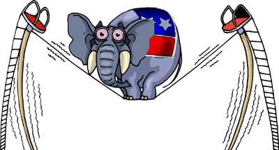 Funny republican elephant walking on a tightrope. 2014 election to win back Congress.