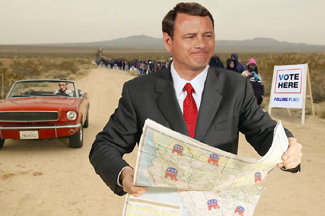 Justice John Roberts holding a map. Ginsburg. Voter lines.