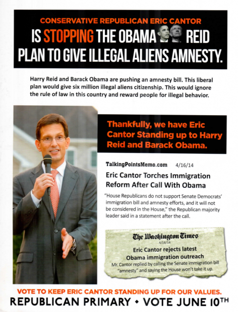 Eric Cantor immigration reform mailer. Cantor's canter loses election