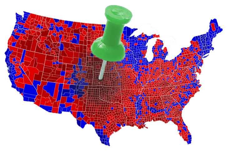 Red blue map of America, pin