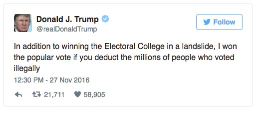 Donald Delusion of the Day: "Won in a landslide", millions voted illegally