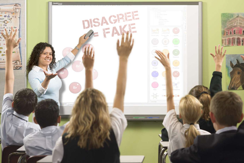 Students in class, teaching disagree means fake